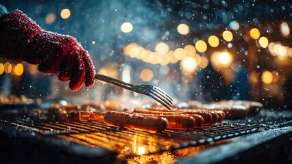 Grilled Steaks on Barbecue in Snowy Christmas Night with Festive Lights