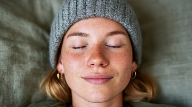 Woman with eyes closed, wearing a hat, showing freckles and lips.