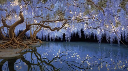 Enchanting Wisteria Tree Reflecting in Tranquil Water.