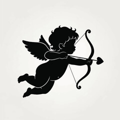 Fototapeta premium Cherub Archer Silhouette in Mid‑Air Action, Centered Against White Background, Viewed from Front Perspective