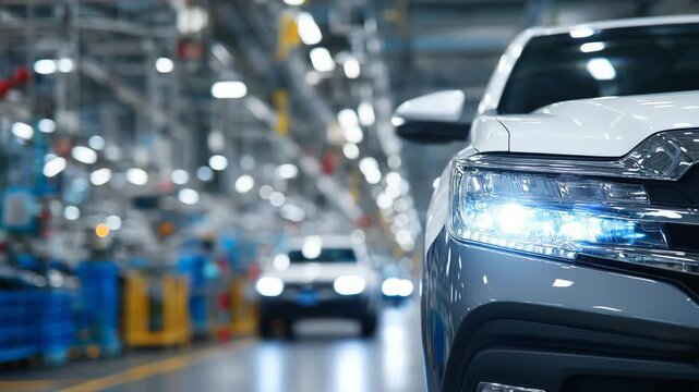 420High-resolution image of car assembly line, freshly manufactured vehicles lined up, overhead lights reflecting off paint and metal, factory machinery in the background adding depth