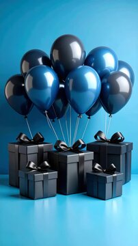 Festive arrangement of gift boxes tied with ribbons and elegant balloon bunch on a blue seamless background, perfect for celebration