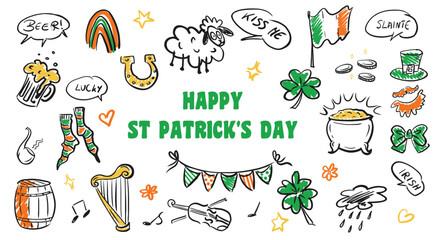 Hand-Drawn St. Patrick's Day Doodle Set: Irish Icons Collection. Perfect for greeting cards, posters, festive projects.