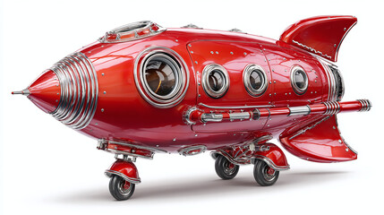 A vintage red rocket ship with intricate details, set against a backdrop suggesting an adventurous journey