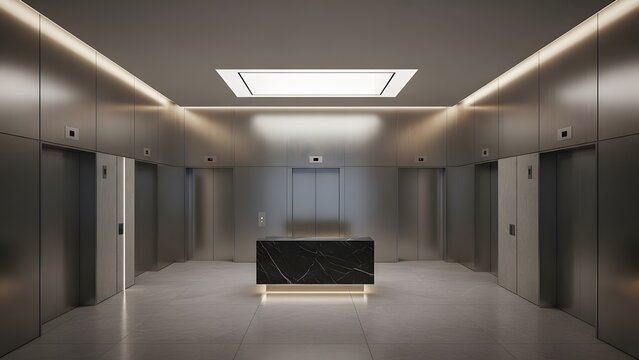 Modern interior lobby with elevators and reception desk in a sleek building