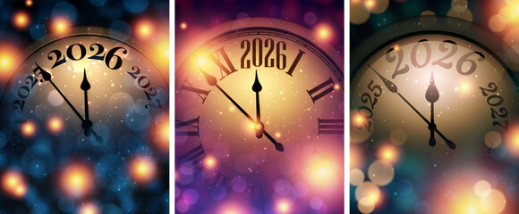 Festive glowing countdown clock design with sparkling bokeh lights, celebrating the arrival of New Year 2026. Vector illustration.
