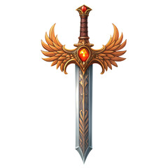 Fantasy sword with golden wings and red gemstone hilt, isolated on transparent background
