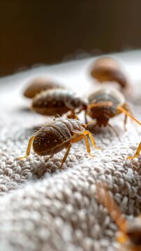 Close-up video of bedbugs crawling on fabric.  Parasitic insects with segmented bodies and orange legs moving on a textured surface.