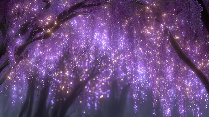 Magical Purple Wisteria Flowers Illuminated by Twinkling Lights.