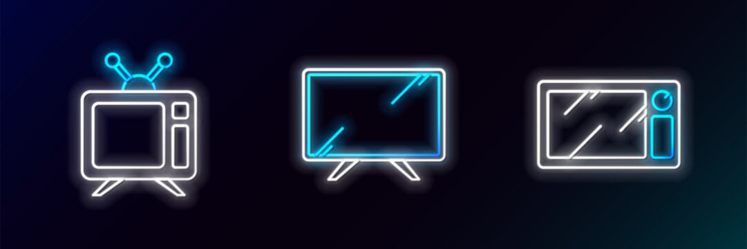 Set line Microwave oven, Television and Smart Tv icon. Glowing neon. Vector