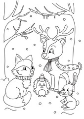 Coloring page fro toddlers. Animal friends in winter forest spending time together. Fox, hedgehog, deer, hare, bunny. 
