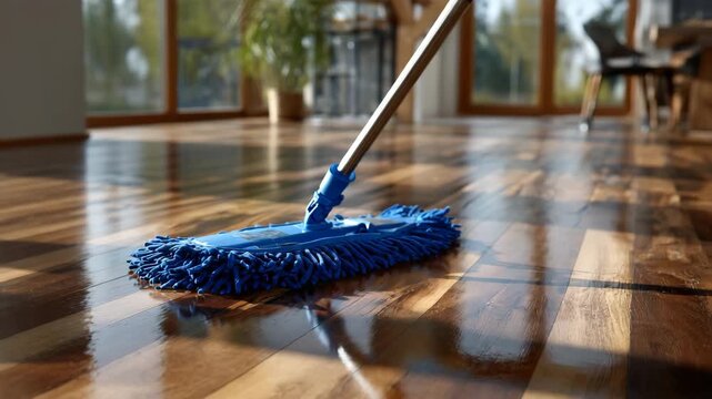 Blue mop with metal handle in motion across warm-toned wood flooring, natural light highlighting fine grain details in bright contemporary room