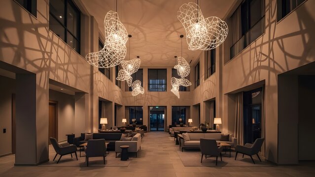 Elegant hotel lobby interior with modern furniture and unique artistic light fixtures