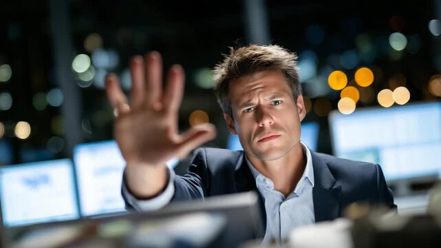 Businessman under pressure, stop gesture with open palm, multiple monitors and spreadsheets visible, cold office lighting emphasizing anxiety and fatigue
