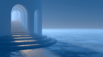 Mystical Blue Arches Leading to Light Over Water.
