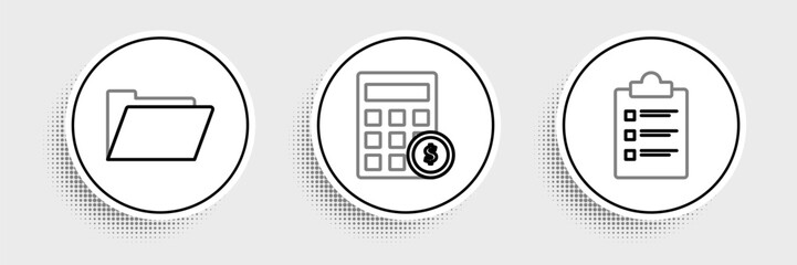 Set line Clipboard with checklist, Document folder and Calculator dollar symbol icon. Vector