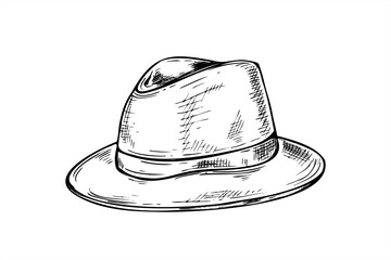 Monochrome felt fedora safari hat vector isolated illustration painted by black inks. Travel Borsalino man headdress accessory for adventure blog graphics, travel agency marketing material