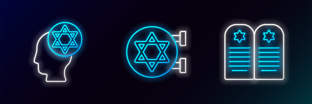 Set line Tombstone with star of david, Orthodox jewish hat and Jewish synagogue icon. Glowing neon. Vector
