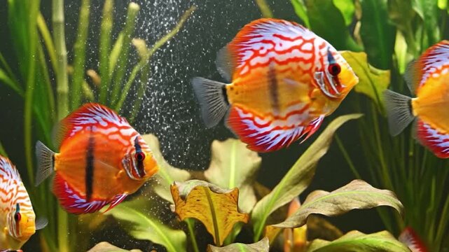 Vibrant discus fish swimming gracefully among lush aquatic plants in a serene aquarium environment