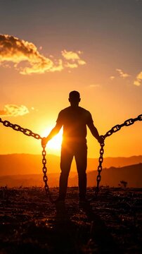 Silhouette of person breaking chains against vibrant sunset, symbolizing freedom and strength on a hilltop with golden hour light.