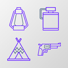 Set line Revolver gun, Indian teepee or wigwam, Canteen water bottle and Camping lantern icon. Vector © Oksana
