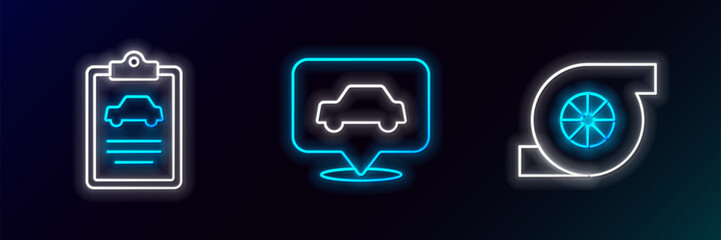 Set line Automotive turbocharger, Car inspection and service icon. Glowing neon. Vector