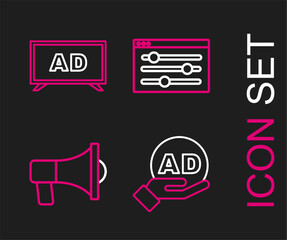 Set line Advertising, Megaphone, Browser setting and icon. Vector