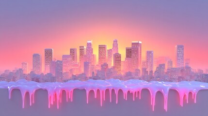 Surreal Cityscape at Sunset with Melting Buildings.