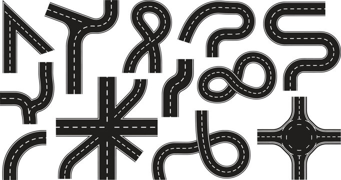 Collection of diverse road elements featuring multiple curves junctions and a circular roundabout design isolated for graphic projects