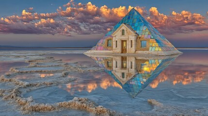 Surreal Salt Flat House Reflection at Sunset.