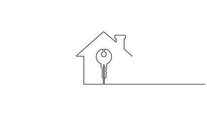 Self animated minimalist, single-line drawing of a house with a key inside, symbolizing real estate concepts for homeownership, security, and property - Powered by Adobe