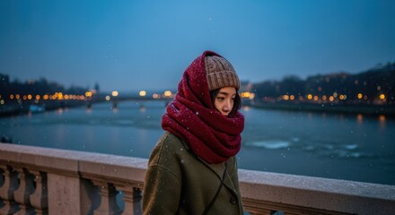 Woman in warm clothes on bridge, creating winter city scene. Bundled in knit hat, thick scarf, she watches river reflecting winter city scene details. Winter city scene for travel blogs,