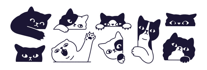 Cute cats peeking out, looking, set. Funny curious feline animal heads with eyes staring, ears peeping from behind. Comic kitty faces, curiosity. Flat vector illustrations isolated on white background