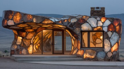 Unique Stone House with Glowing Windows in a Desert Landscape.