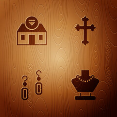 Set Necklace on mannequin, Jewelry store, Earrings and Christian cross on wooden background. Vector
