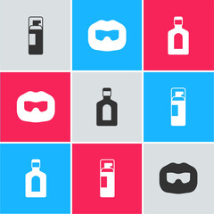 Set Shaving gel foam, Mustache and beard and Bottle of shampoo icon. Vector