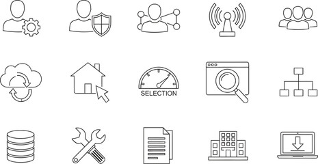 Comprehensive line art icon set representing essential technology and business concepts for web design and mobile applications
