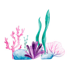 Watercolor Coral Reef Cluster with Pink Coral, Purple Sea Plant, Green Seaweed, and Blue Rocks in Ocean Scene Illustration