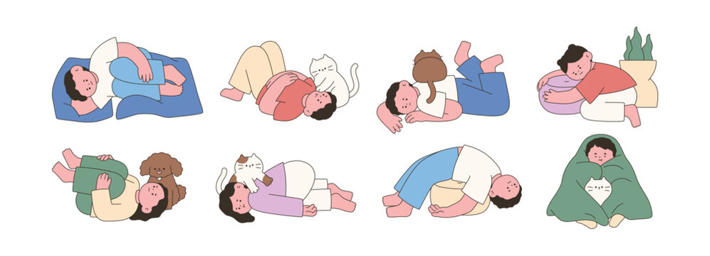 Tired fatigue people set. Sad upset lazy sick characters in depressed bad mood, bored and exhausted. Apathy, burnout and exhaustion concept. Flat vector illustration isolated on white background.