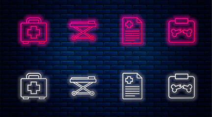 Set line Stretcher, Patient record, First aid kit and X-ray shots with broken bone. Glowing neon icon on brick wall. Vector