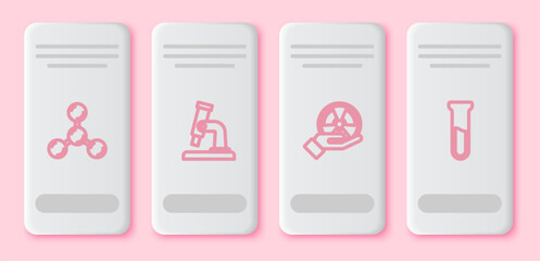 Set line Molecule, Microscope, Radioactive and Test tube and flask. White rectangle button. Vector