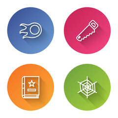 Set line Fireball, Hand saw, Ancient magic book and Spider web. Color circle button. Vector