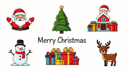Naklejka premium A collection of festive Christmas illustrations including Santa Claus, a snowman, a Christmas tree, a reindeer, gifts, and a house.