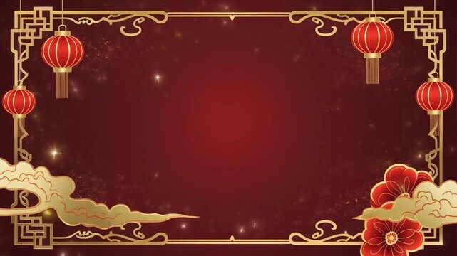 A beautiful vibrant red and gold traditional Chinese celebration background with hanging lanterns and auspicious clouds perfect for festive occasions or cultural events