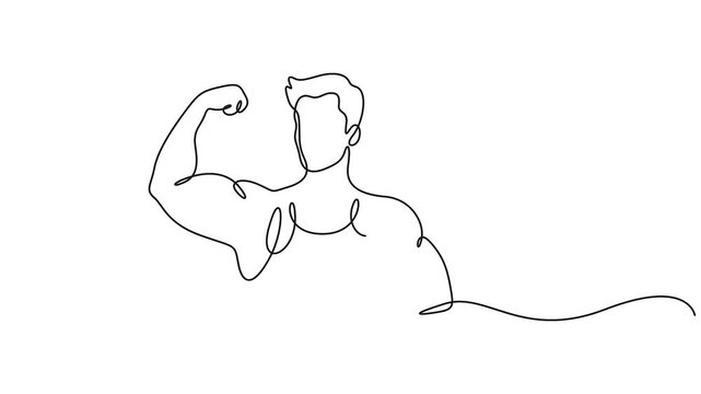 Self animated continuous line drawing of a bodybuilder flexing a bicep muscle. Full length single line art animation