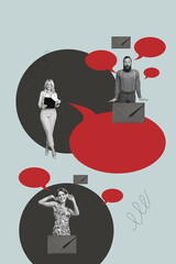 Collage of people chatting through devices with speech bubbles letters showing digital communication business private life concept