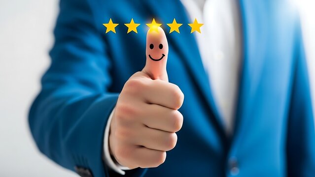 Satisfied customer gives a thumbs up with a smiley face and five star rating