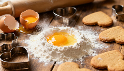Heart cookie dough baking ingredients flour egg yolk egg shell rolling pin cookie cutter wooden table kitchen rustic
