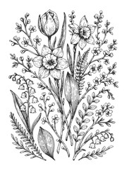 Elegant black and white floral botanical vector illustration featuring detailed wildflowers and leaves, perfect for decorative prints, packaging, and nature-themed designs.