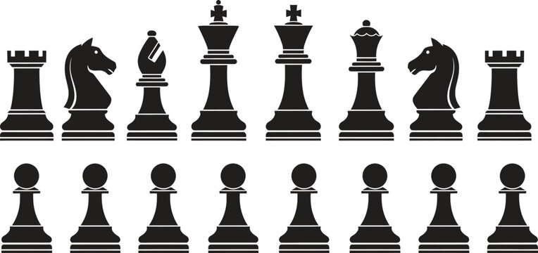 Full set of elegant black chess pieces including rook knight bishop king queen and pawn silhouettes in two rows